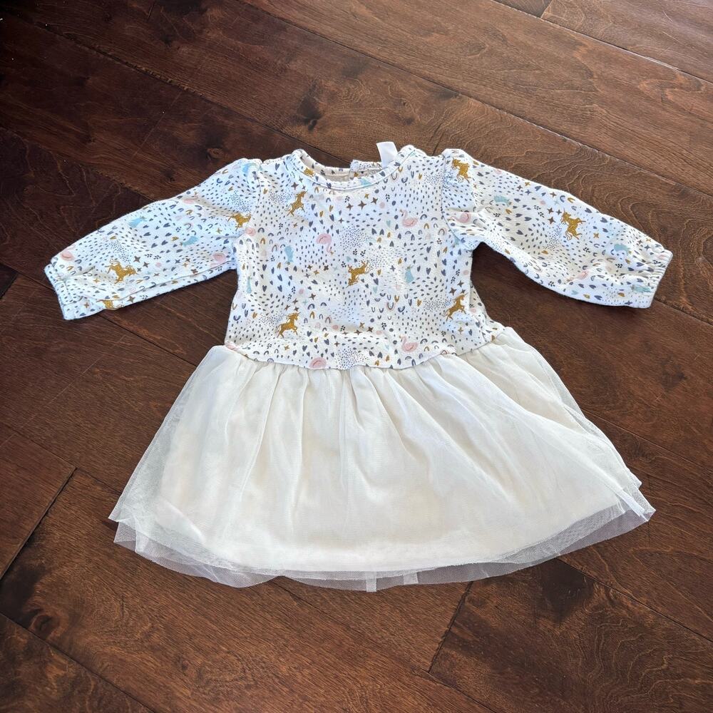 Carter's Girls 12 Month Dress White Gold Tulle Long Sleeve Unicorns
